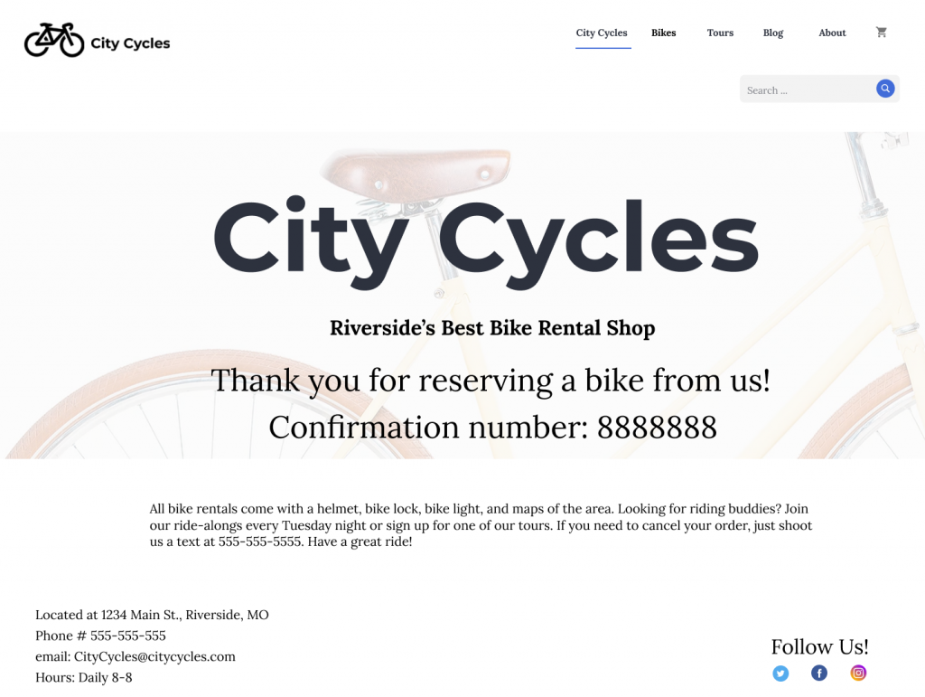 City Cycles confirmation page